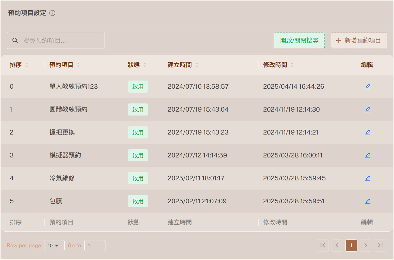 UU預約系統後台預約項目設定畫面，提供多項服務項目名稱、價格與時段設定